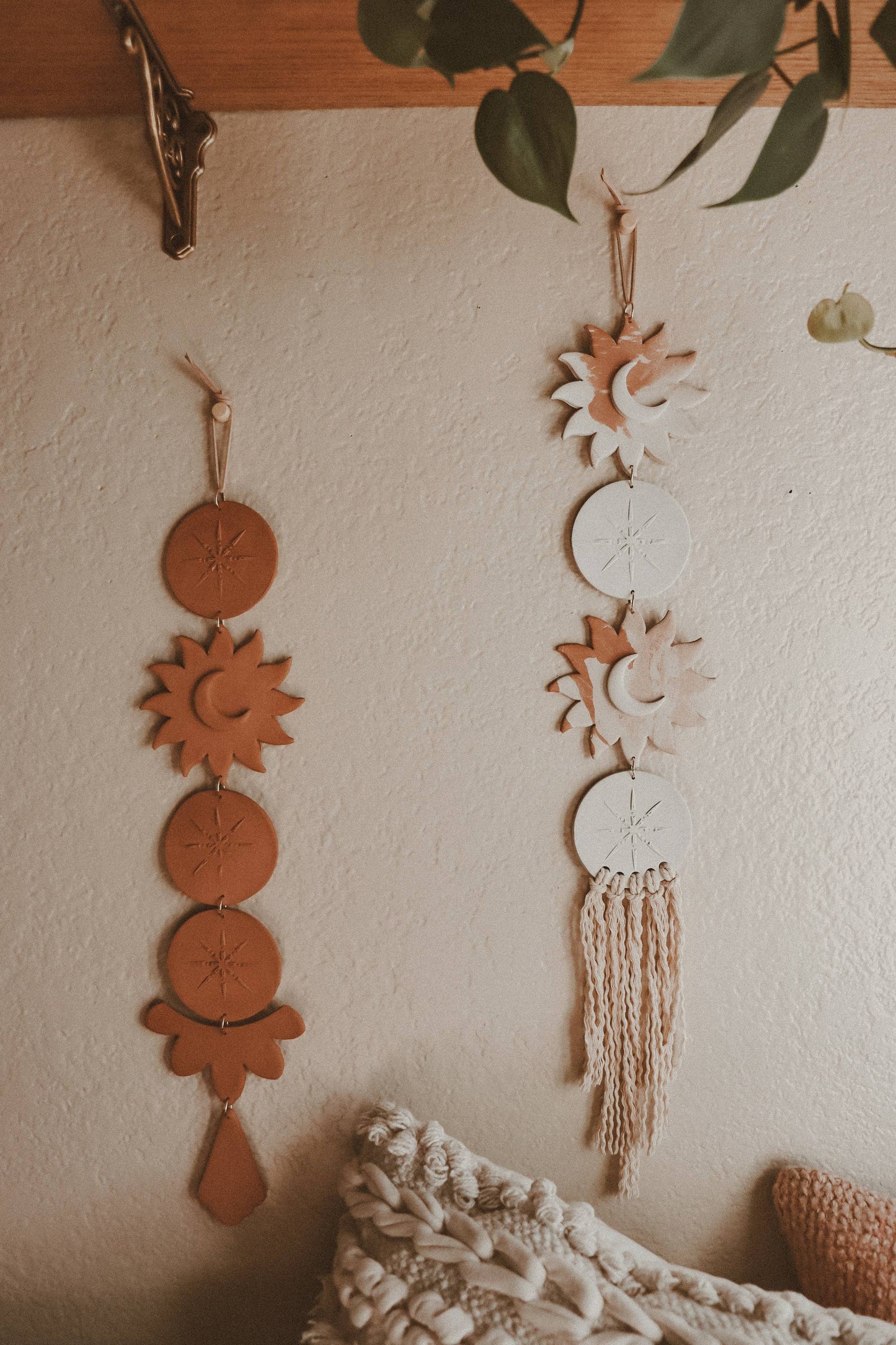 Celestial Sun and Moon Clay Wall Hanging: White Marble