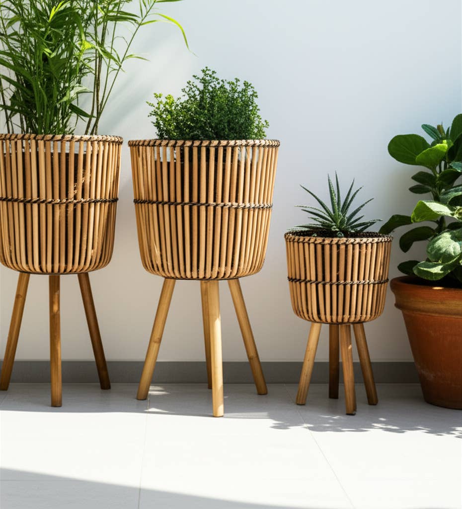 Bamboo Weave Footed Planters Set of 3 - Brown, 11/13/15 in.