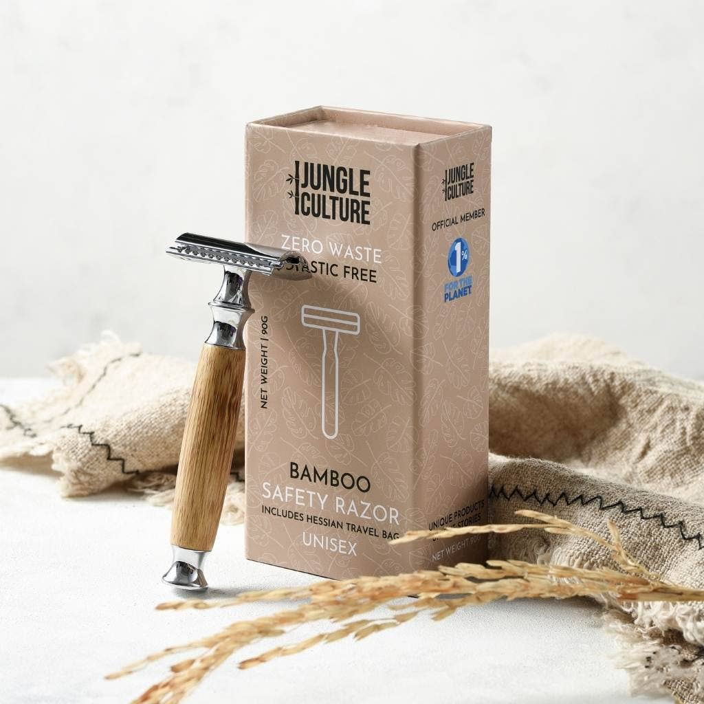 Bamboo Safety Razor - Unisex Eco-Friendly Razors, Zero Waste: Thin Handle / Light Wood Tone