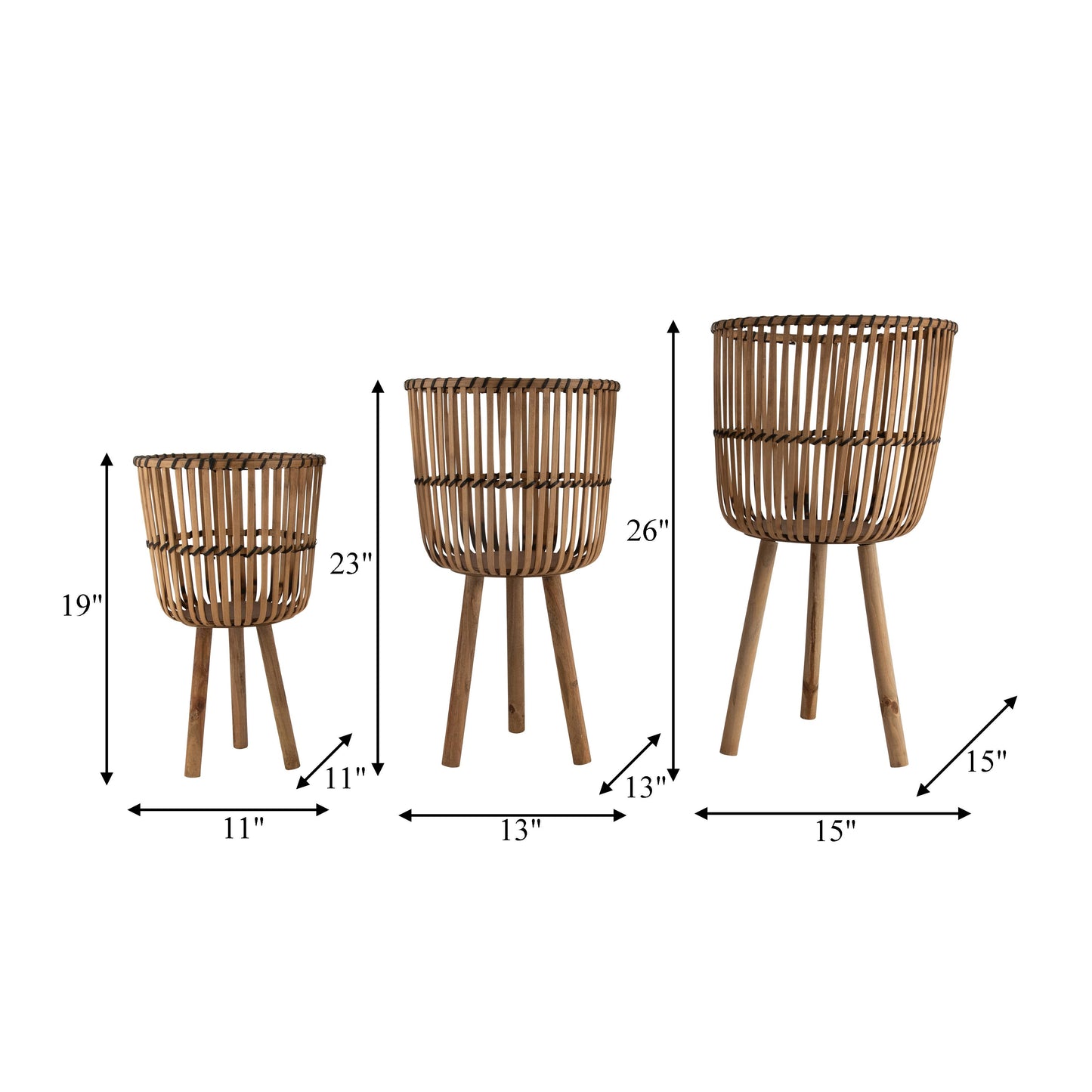 Bamboo Weave Footed Planters Set of 3 - Brown, 11/13/15 in.