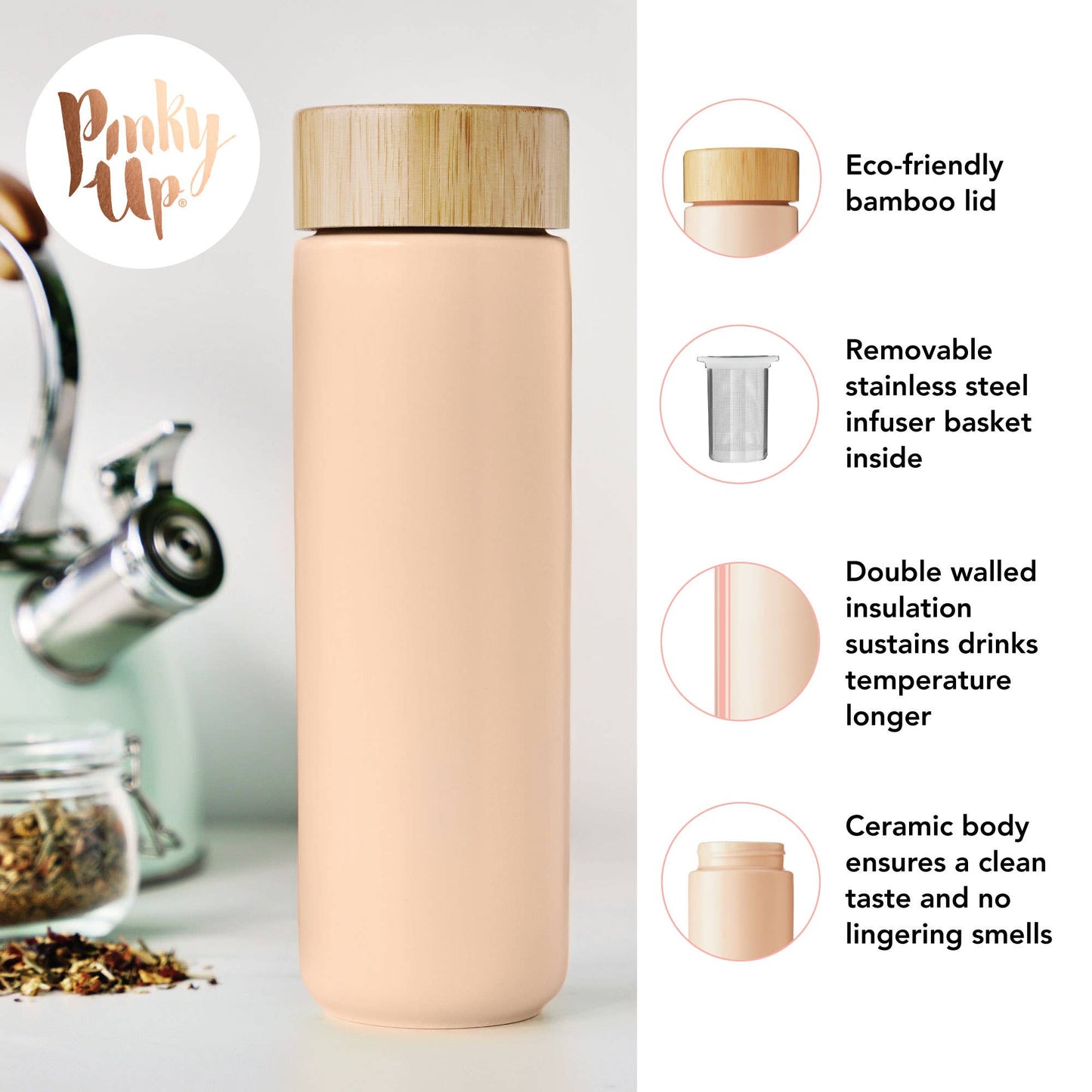 Tatyana Ceramic To-Go Infuser Mug in Coral by Pinky Up