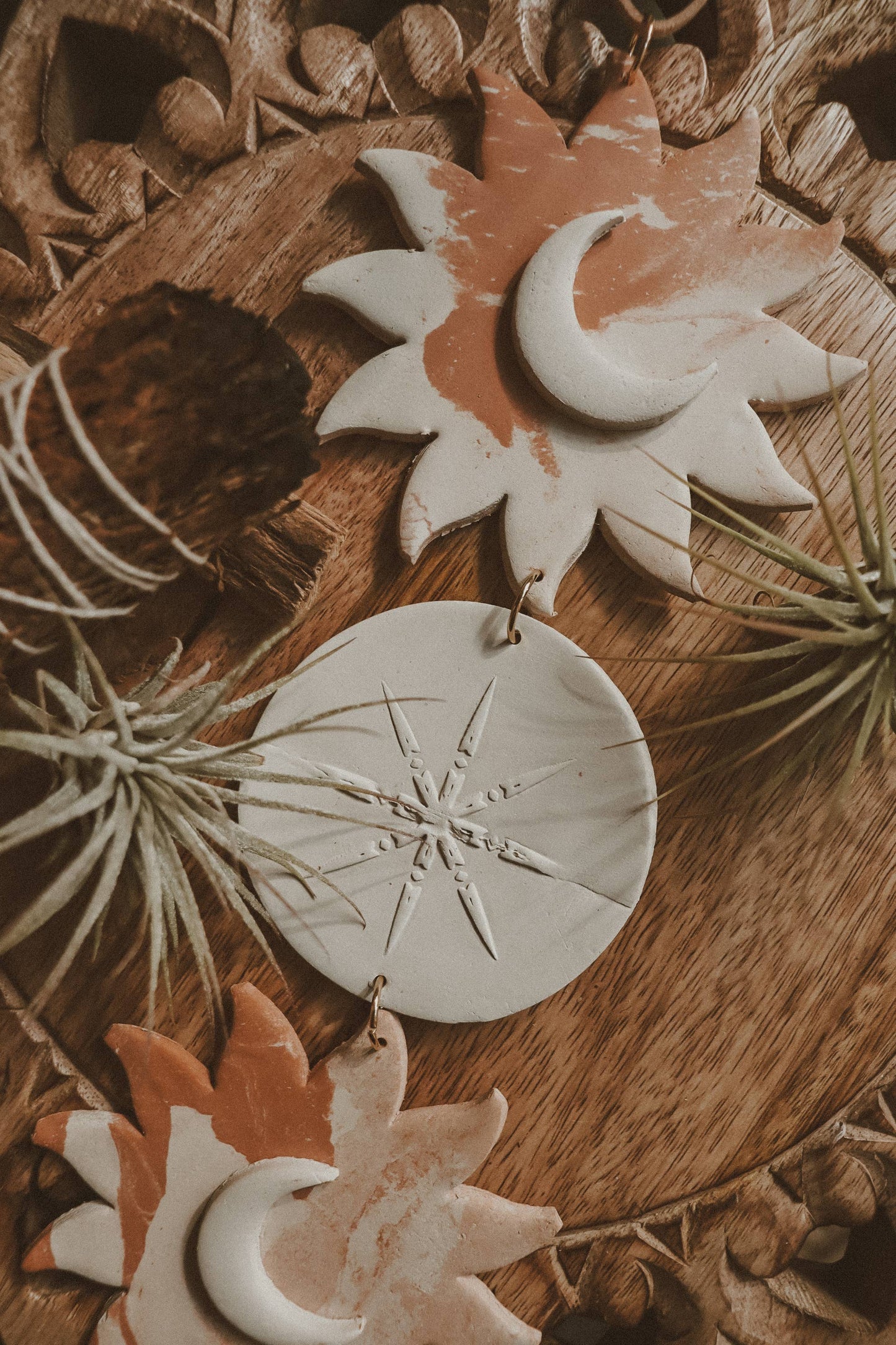 Celestial Sun and Moon Clay Wall Hanging: White Marble