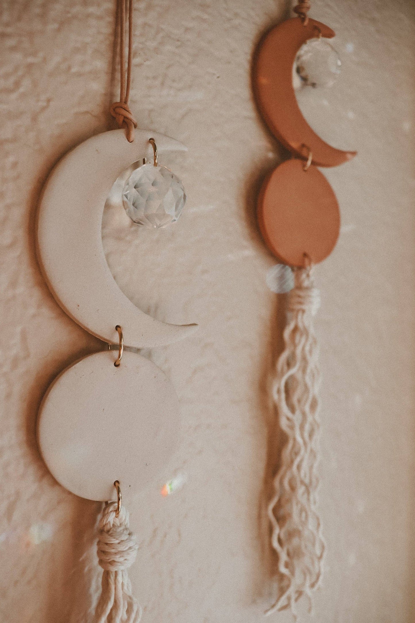 Crescent Moon Clay Sun Catcher in Terracotta and Stone: Terracotta