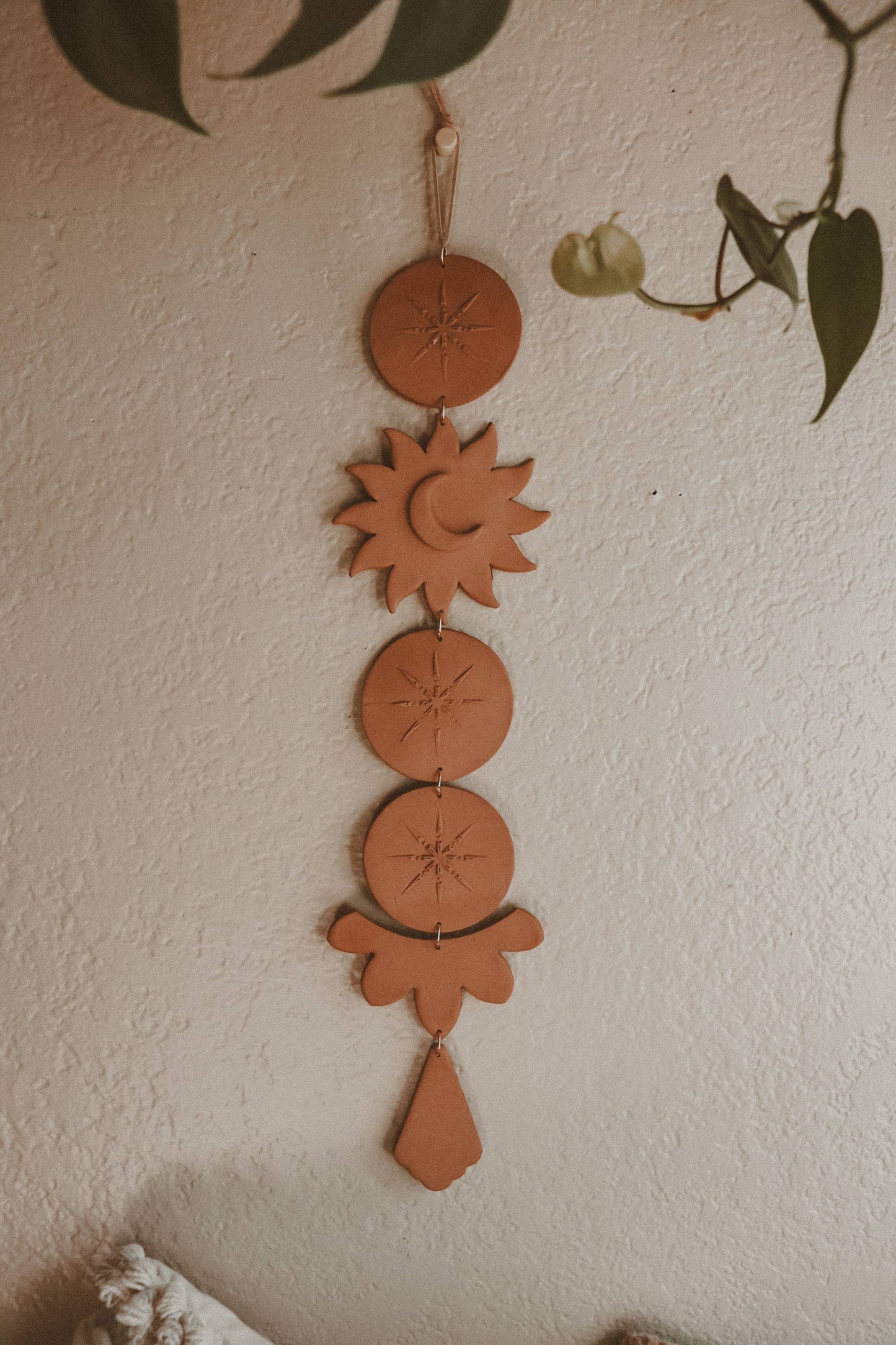 Celestial Sun and Moon Clay Wall Hanging: White Marble