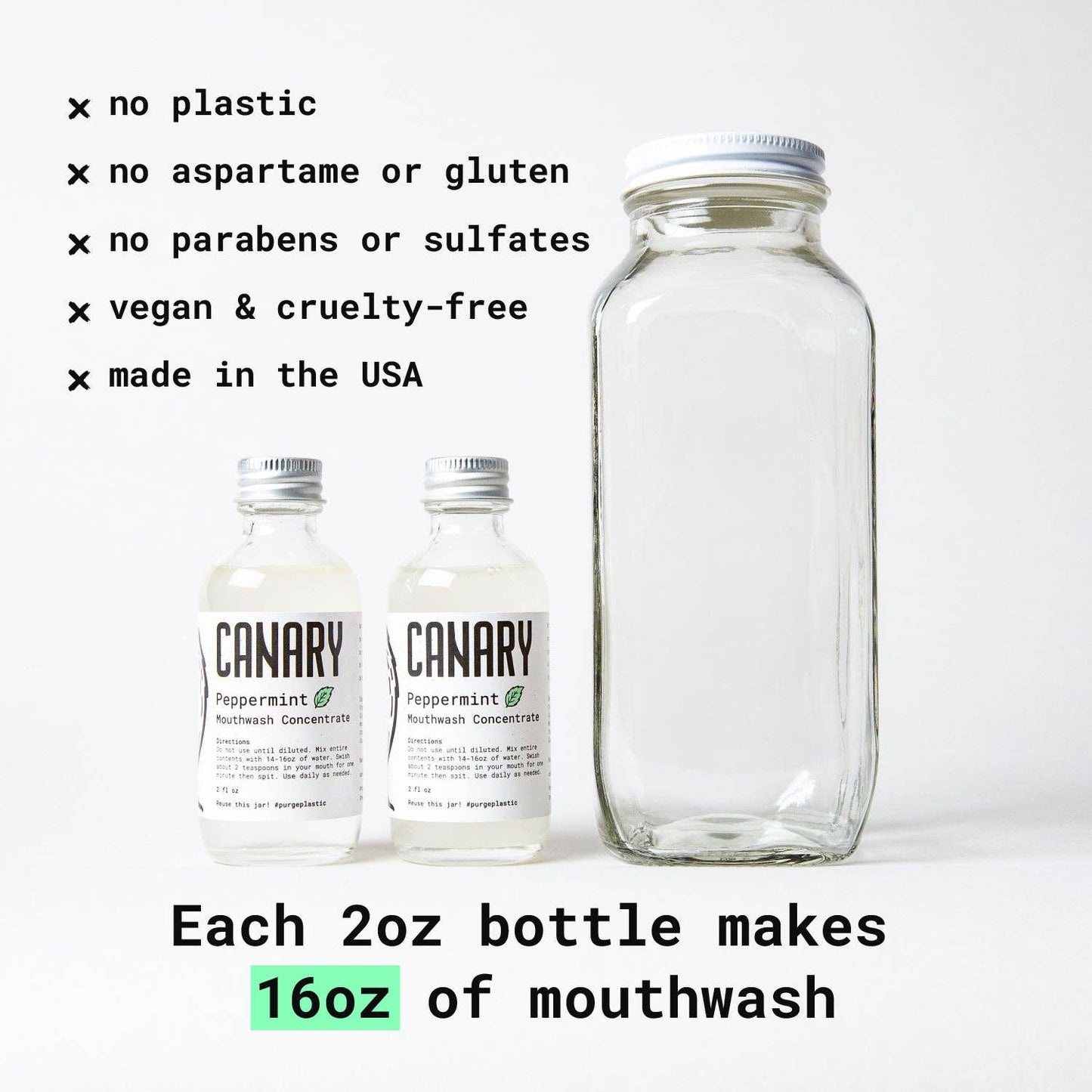 Bulk Empty Mouthwash Concentrate Containers: Bulk Empty 16oz Mixing Bottle + White cap with Canary Logo
