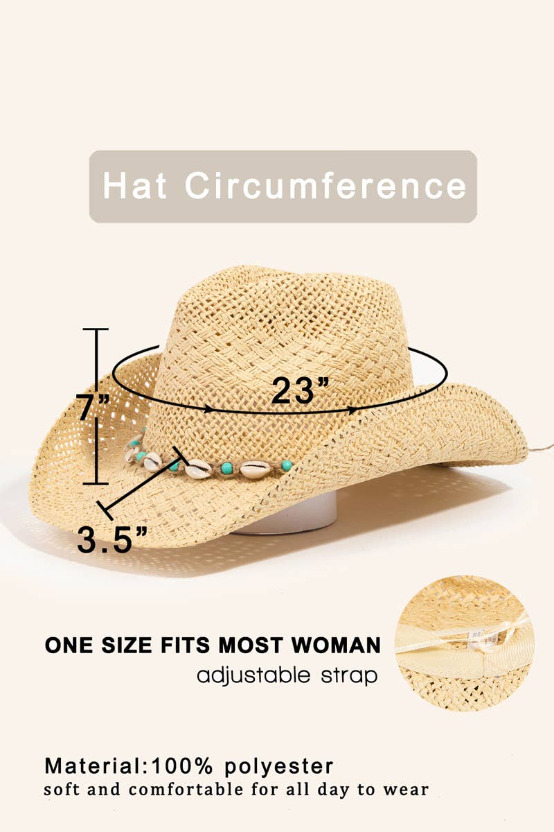 Straw Braided Cowrie Shell Western Cowboy Hat: KA