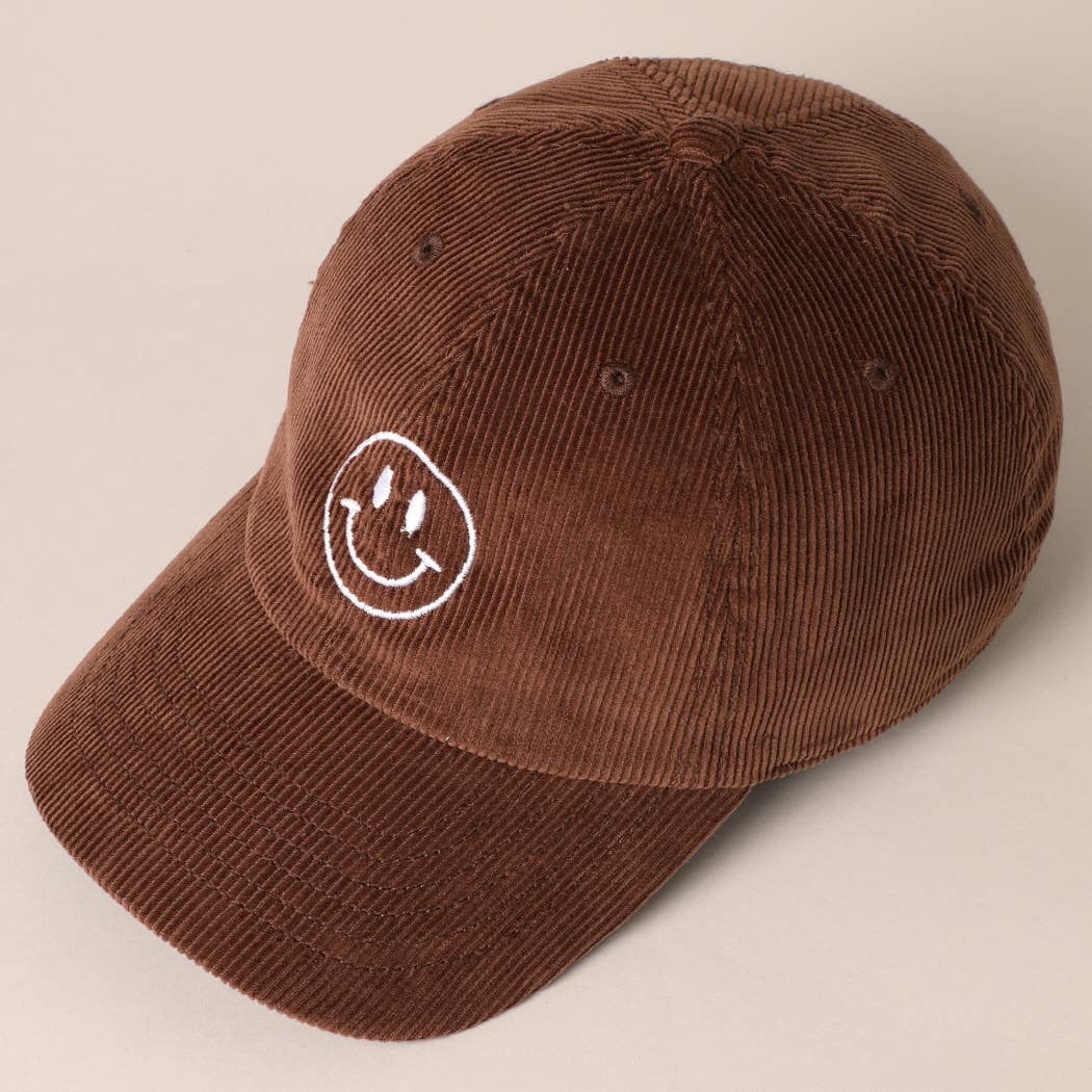 Happy Face Embroidered Corduroy Baseball Cap: LIGHT PINK / ONE SIZE