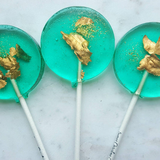 Teal and Gold Sparkle Lollipops, Green Apple, 10/Case