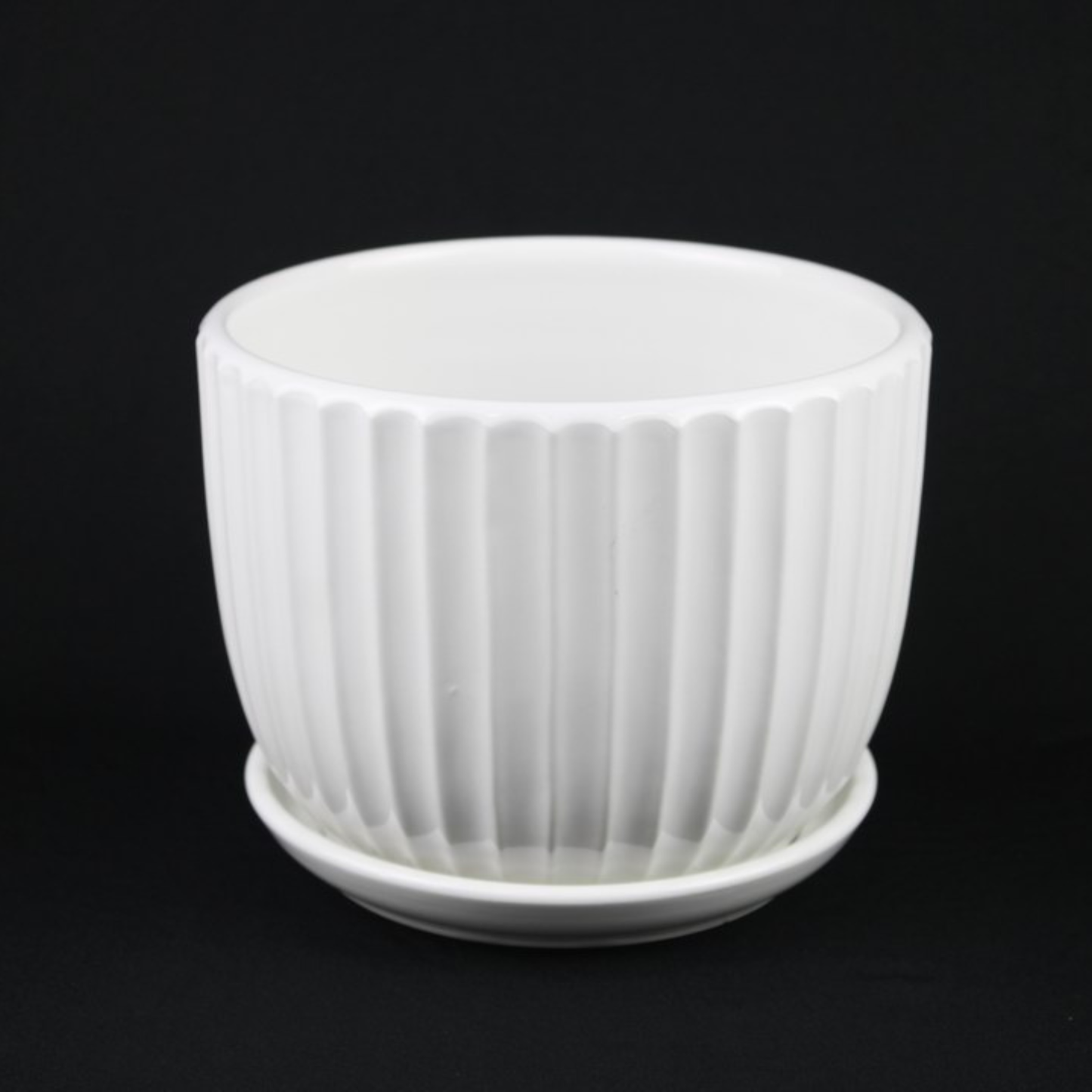 4.2 inch White Ceramic Planter Pot Set with Vertical Fluted Design & Matching Saucers