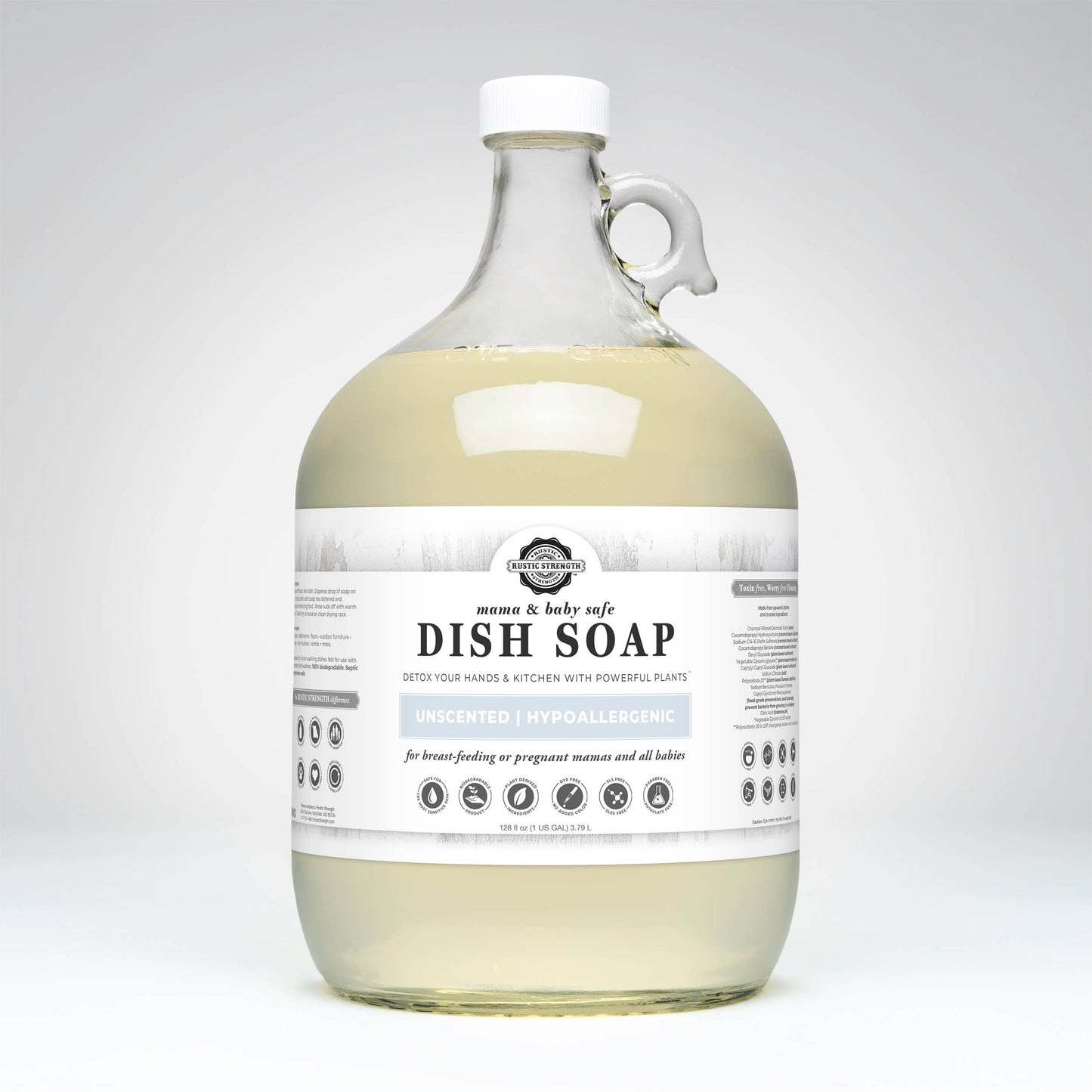 Dish Soap | Sulfate Free - Soft on Skin | Powerful Cleaner: Hypoallergenic (Unscented) / Gallon Glass Jug