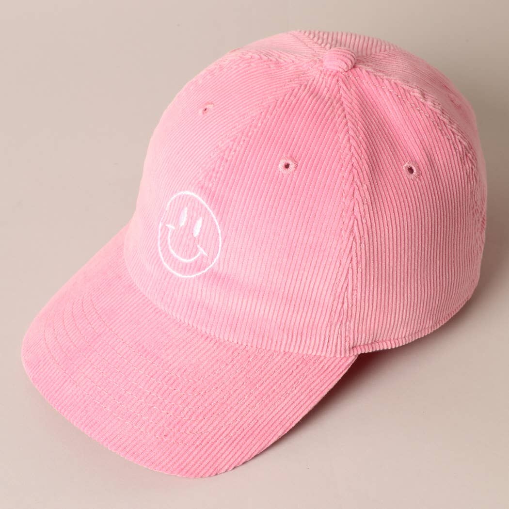 Happy Face Embroidered Corduroy Baseball Cap: LIGHT PINK / ONE SIZE