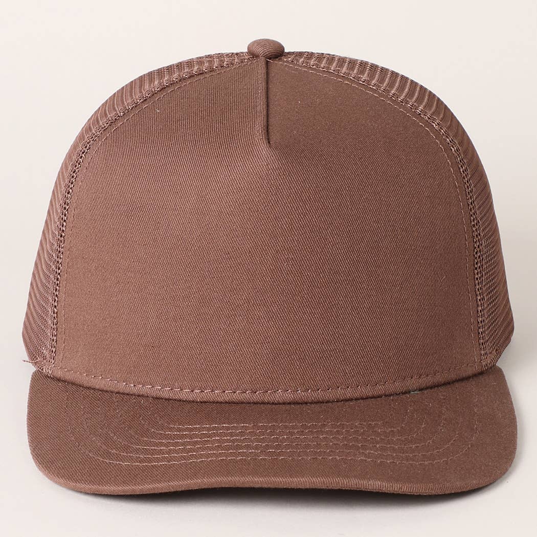 Solid Color Cotton Trucker Hat with Mesh Back: DARK BROWN / ONE SIZE