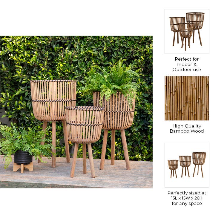 Bamboo Weave Footed Planters Set of 3 - Brown, 11/13/15 in.