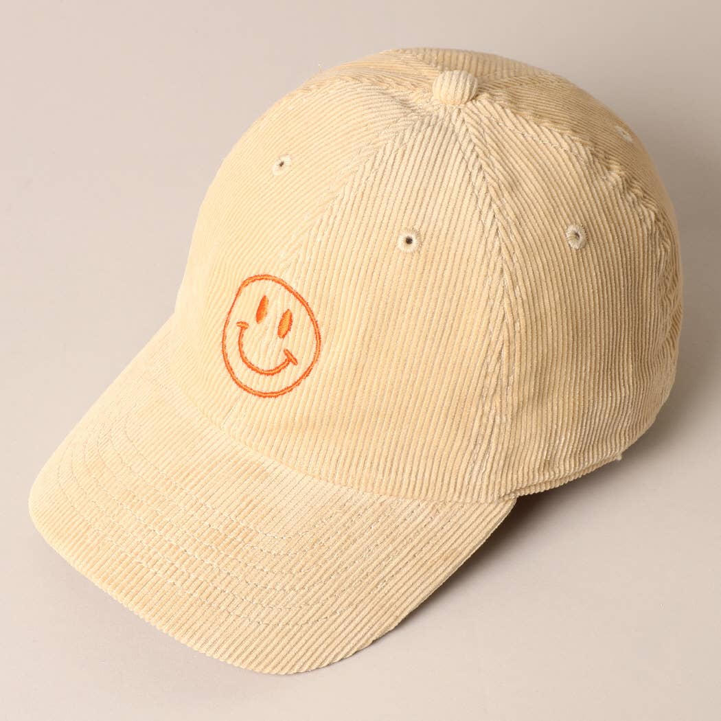 Happy Face Embroidered Corduroy Baseball Cap: LIGHT PINK / ONE SIZE