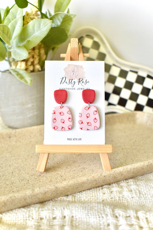 Pink Strawberry Dangles- Clay Earrings