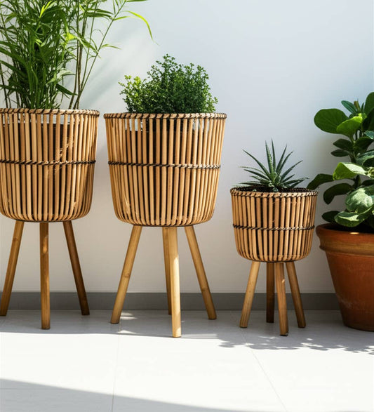 Bamboo Weave Footed Planters Set of 3 - Brown, 11/13/15 in.