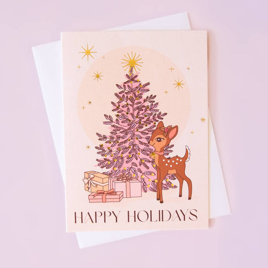 Happy Holidays Tree with Retro Deer | Gold Foil
