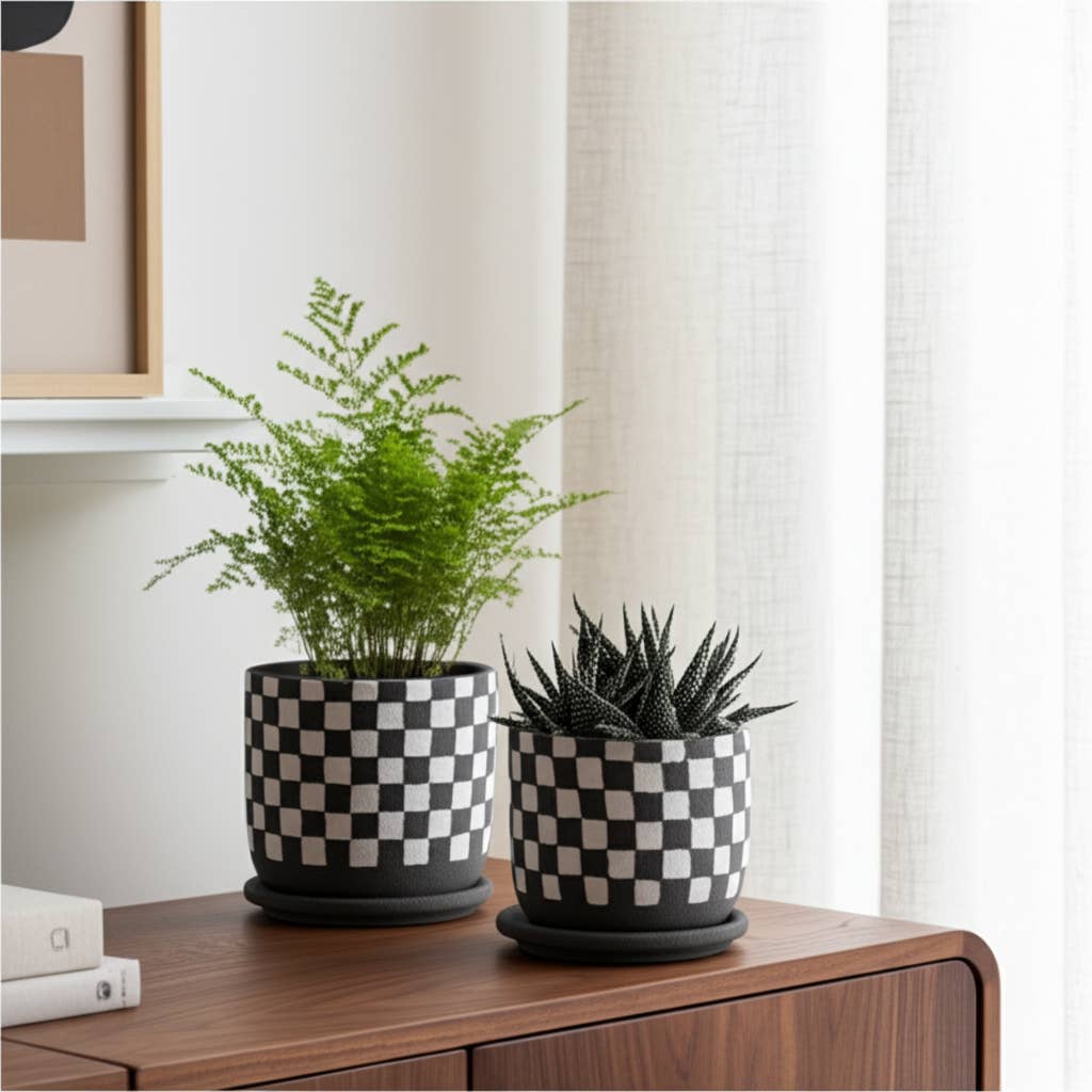 Ceramic Checkerboard Saucer Planters Set - Brown, 5/6 in.