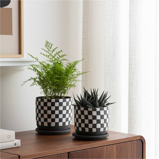Ceramic Checkerboard Saucer Planters Set - Brown, 5/6 in.