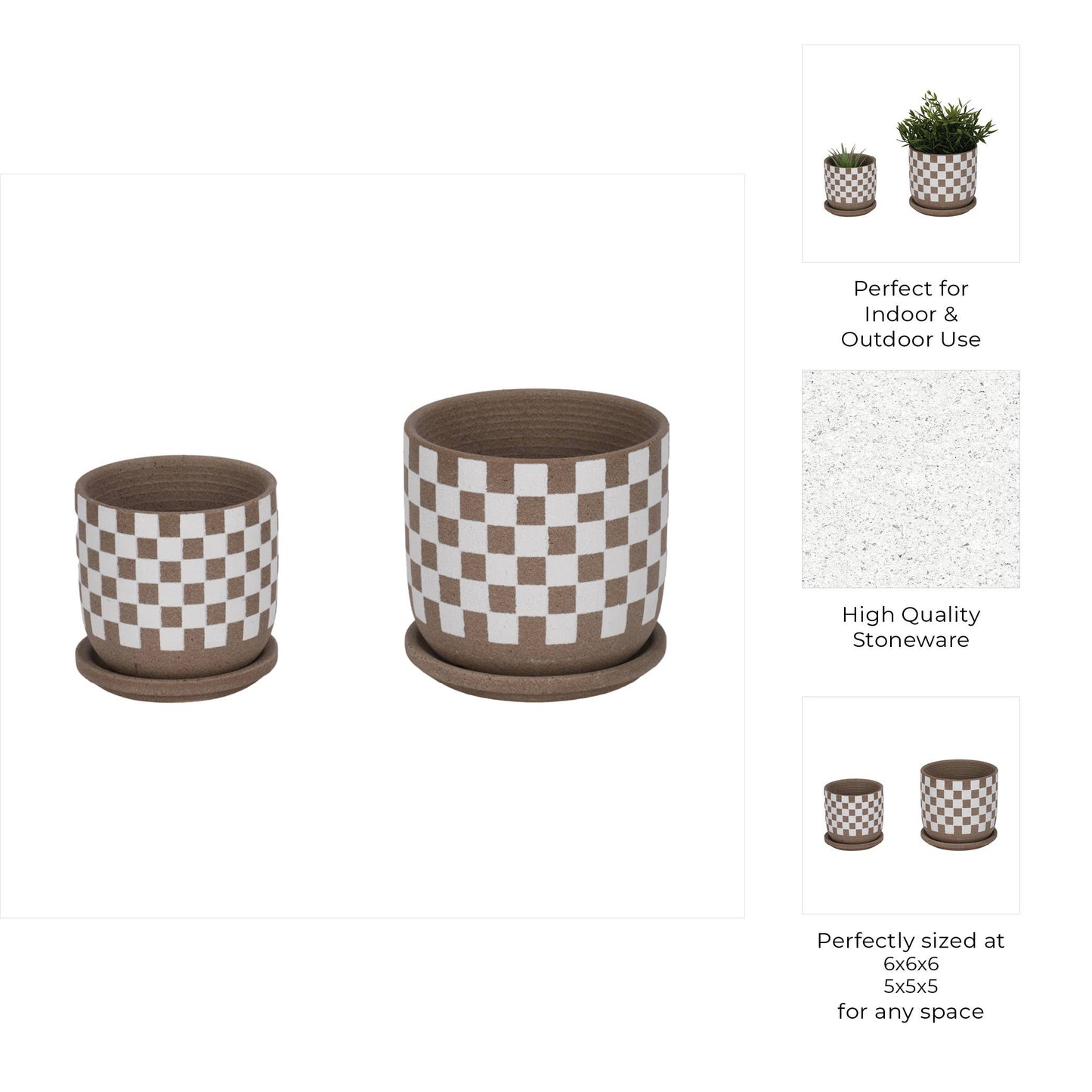 Ceramic Checkerboard Planters Set of 2 - Brown, 5/6 in.