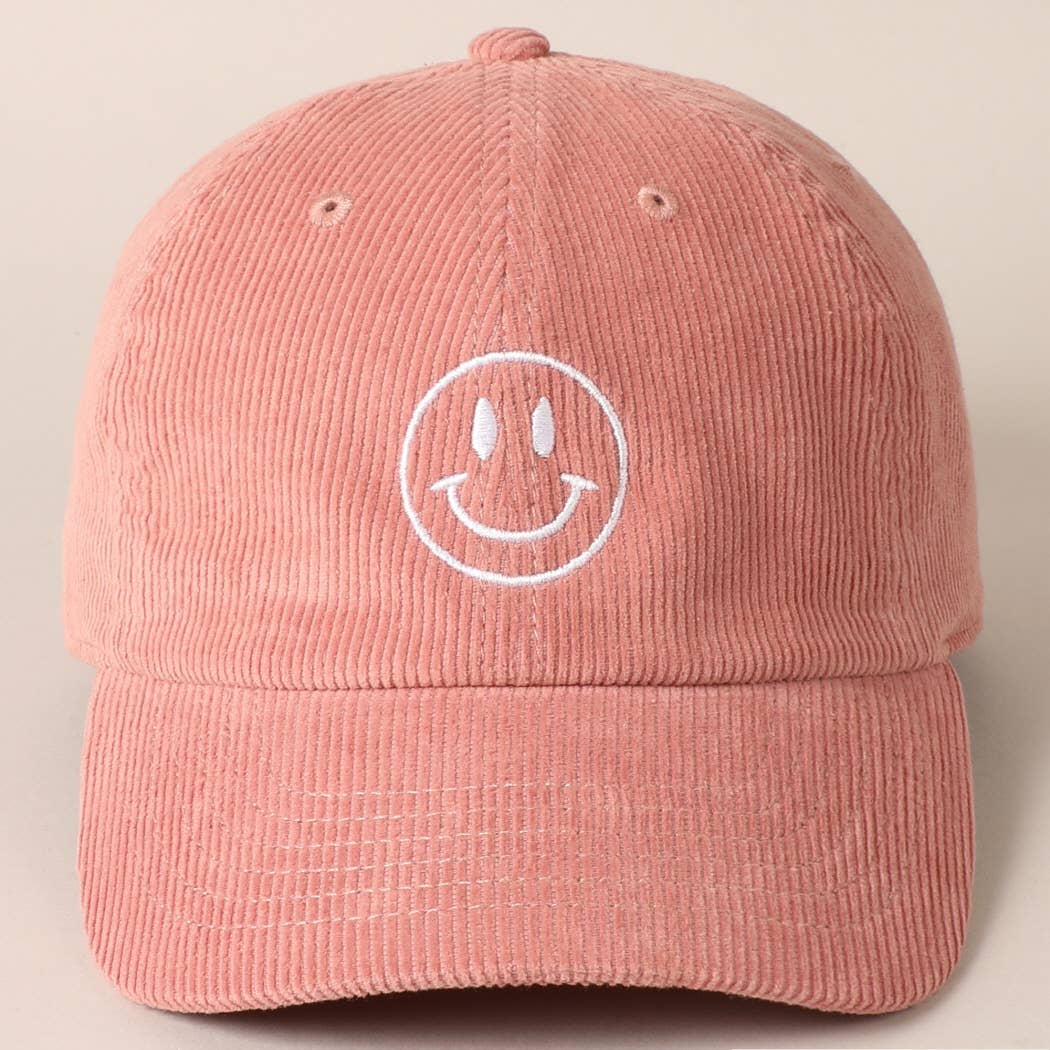 Happy Face Embroidered Corduroy Baseball Cap: LIGHT PINK / ONE SIZE