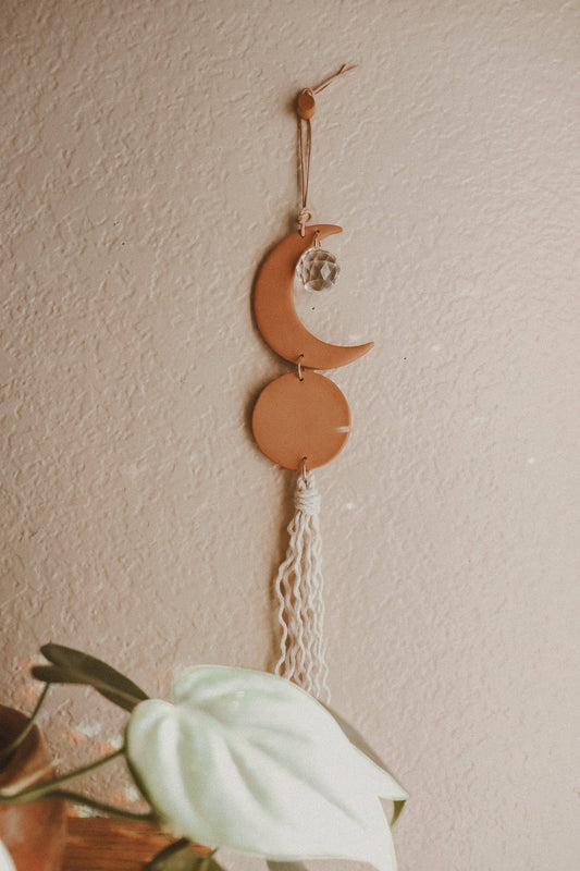 Crescent Moon Clay Sun Catcher in Terracotta and Stone: Terracotta