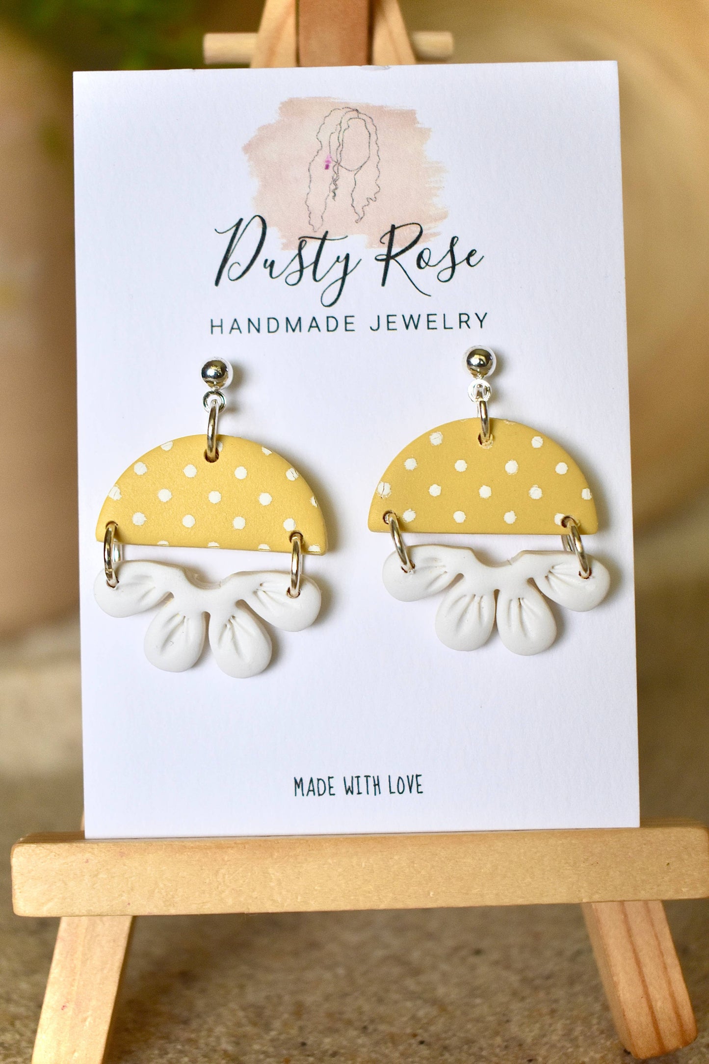 Polka Dot & Flower Dangles- Yellow & White Clay Earrings