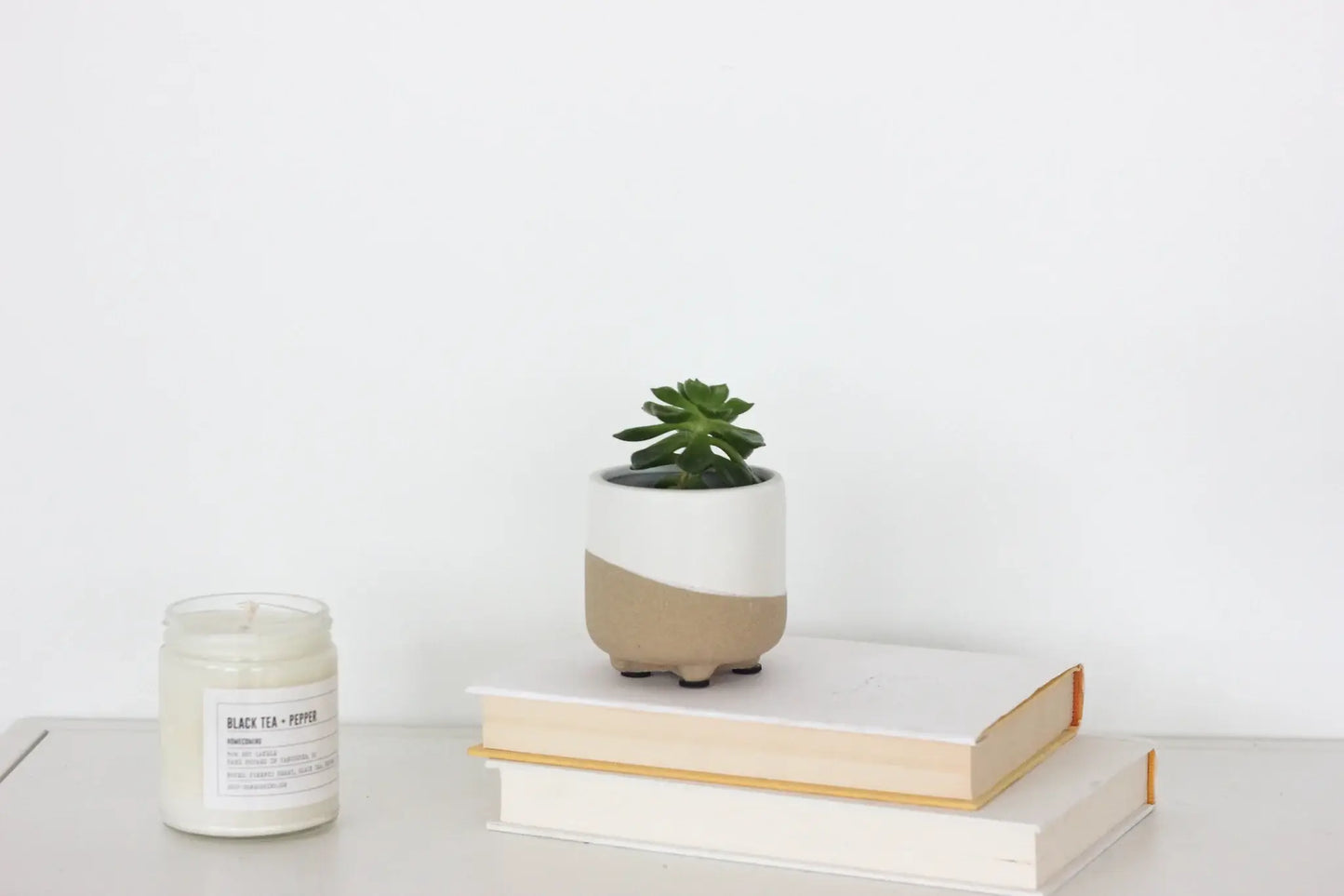 Small Neutral Matte White and Natural Minimal Footed Planter: 5