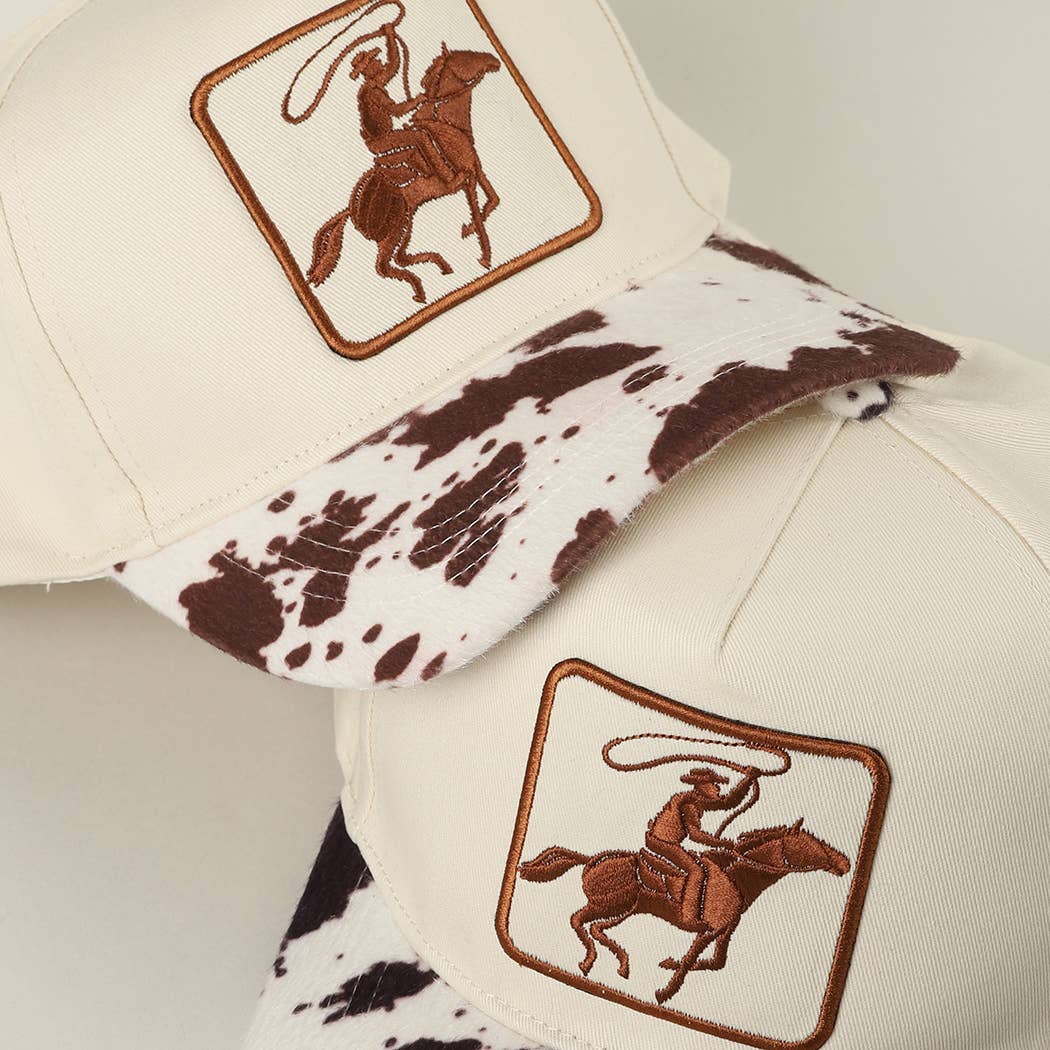 Cowboy Embroidered Patch Animal Print Two-Tone Trucker Hat: BROWN / ONE SIZE