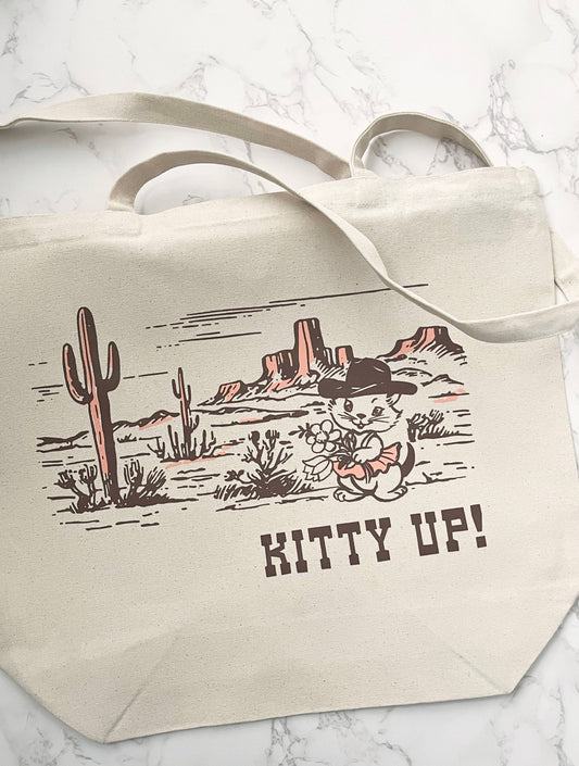 Kitty Up Cowgirl Tote Bag - Cotton Canvas Reusable