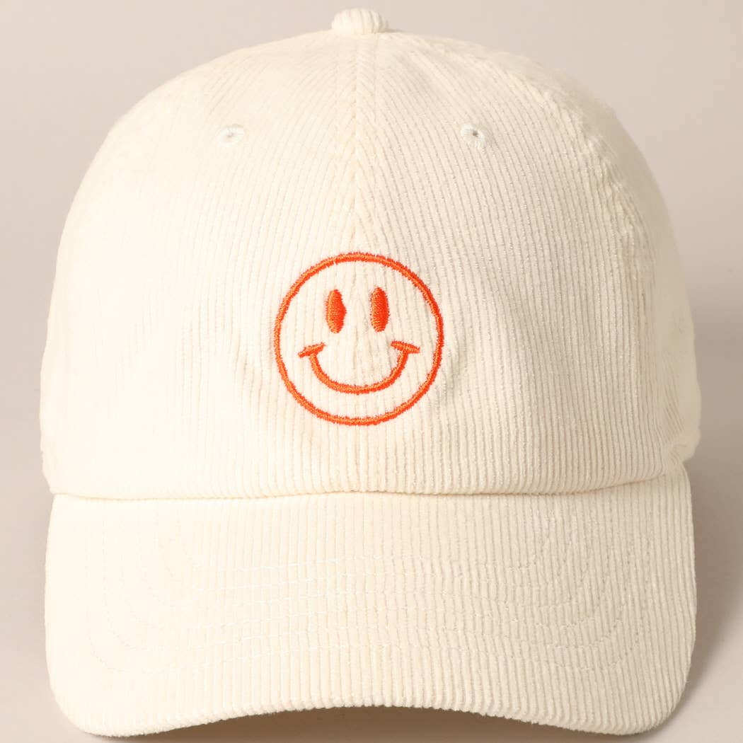 Happy Face Embroidered Corduroy Baseball Cap: LIGHT PINK / ONE SIZE