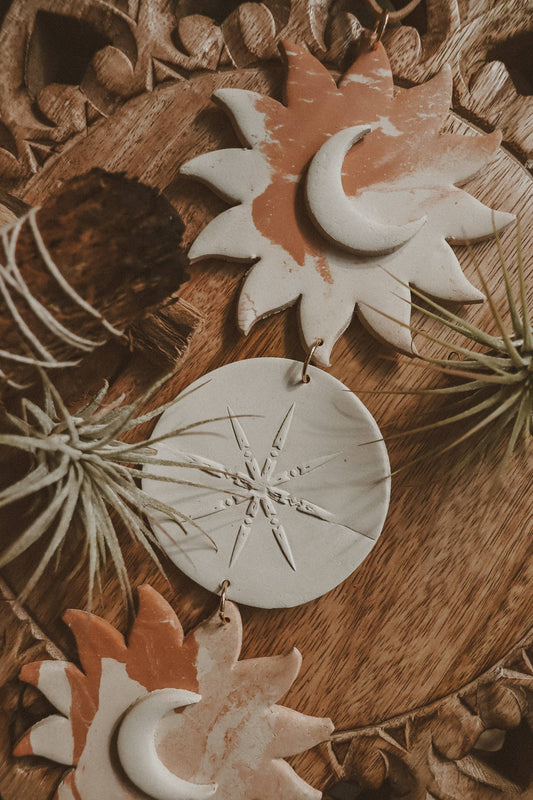Celestial Sun and Moon Clay Wall Hanging: White Marble