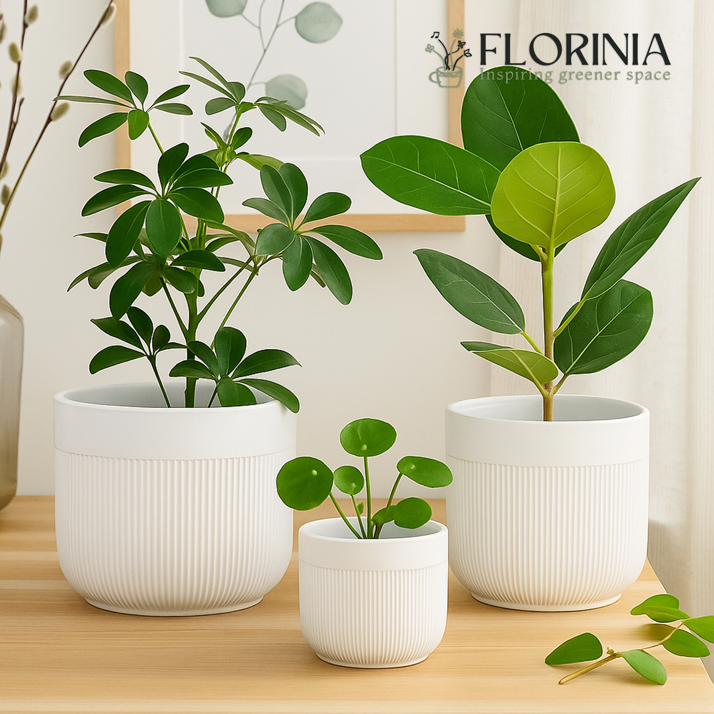 5.5 Inch White Stoneware Planter Pot with Vertical Line Texture