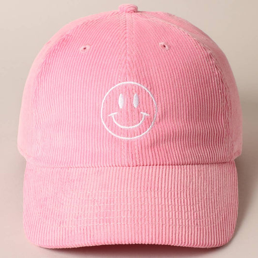 Happy Face Embroidered Corduroy Baseball Cap: LIGHT PINK / ONE SIZE