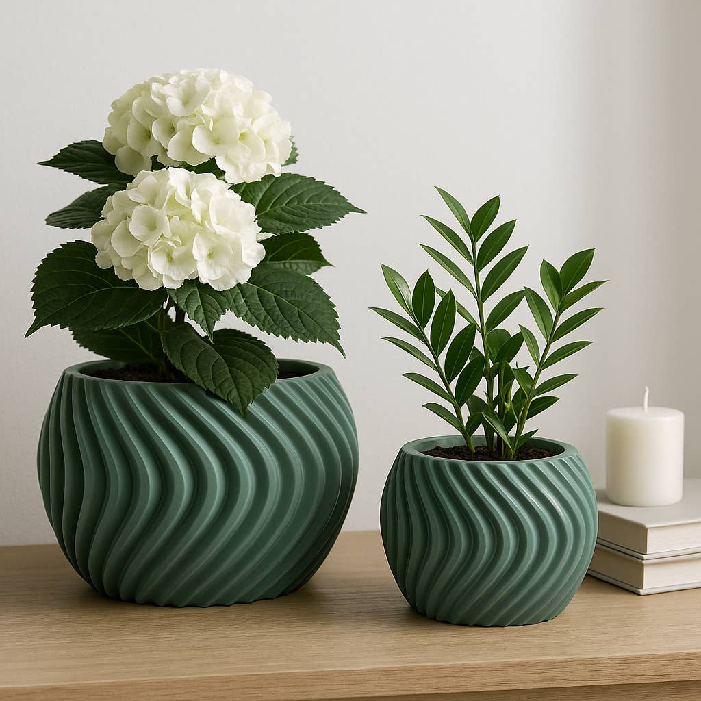 Resin Curvy Lines Rounded Planter Set of 2 - Green, 8/12 in.
