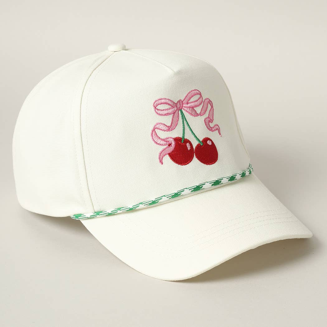 Cherry Ribbon Image Embroidery 5 Panel Trucker Hat: Green / ONE SIZE