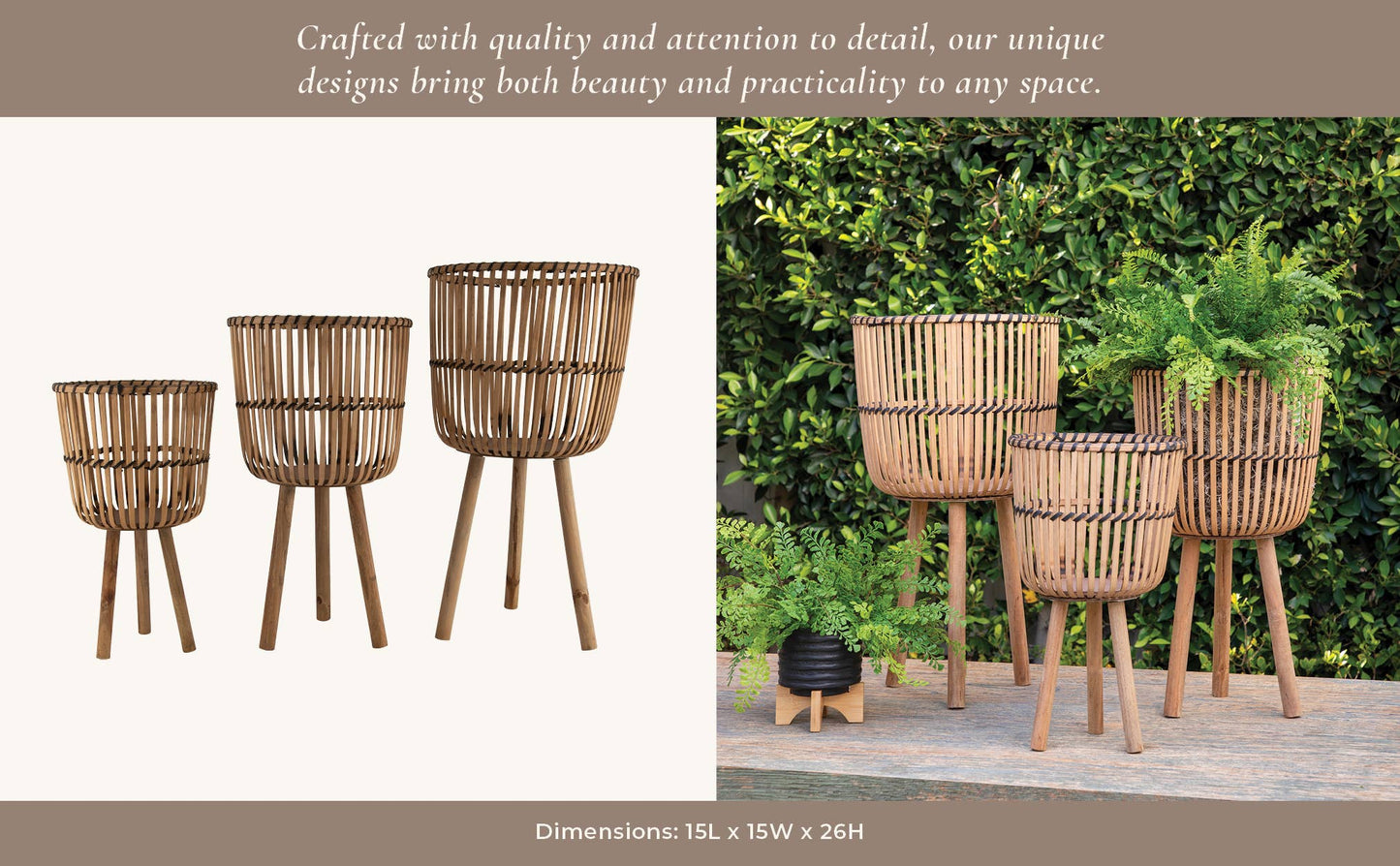 Bamboo Weave Footed Planters Set of 3 - Brown, 11/13/15 in.