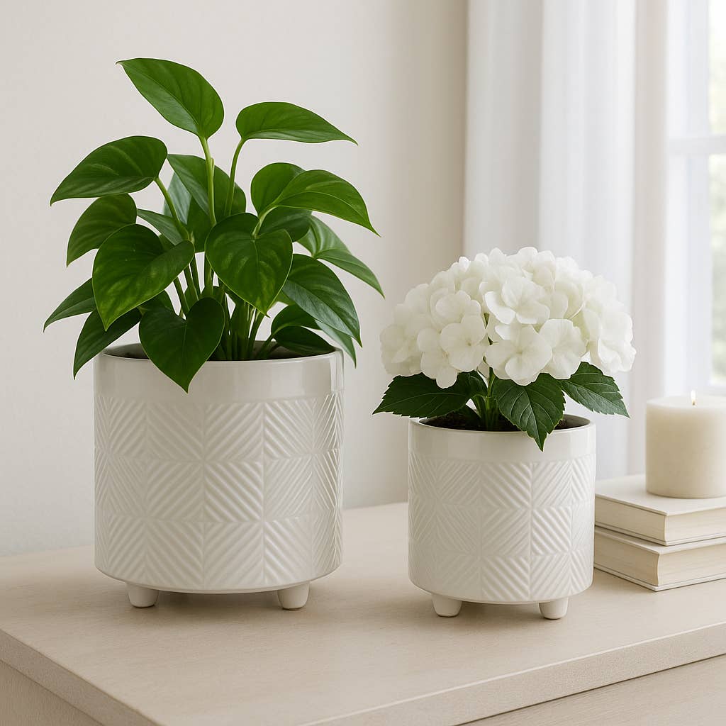 Ceramic Abstract Footed Planters Set of 2 - White, 6/8 in.