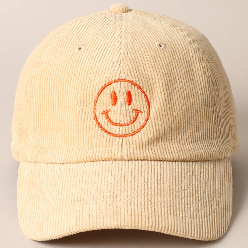 Happy Face Embroidered Corduroy Baseball Cap: LIGHT PINK / ONE SIZE