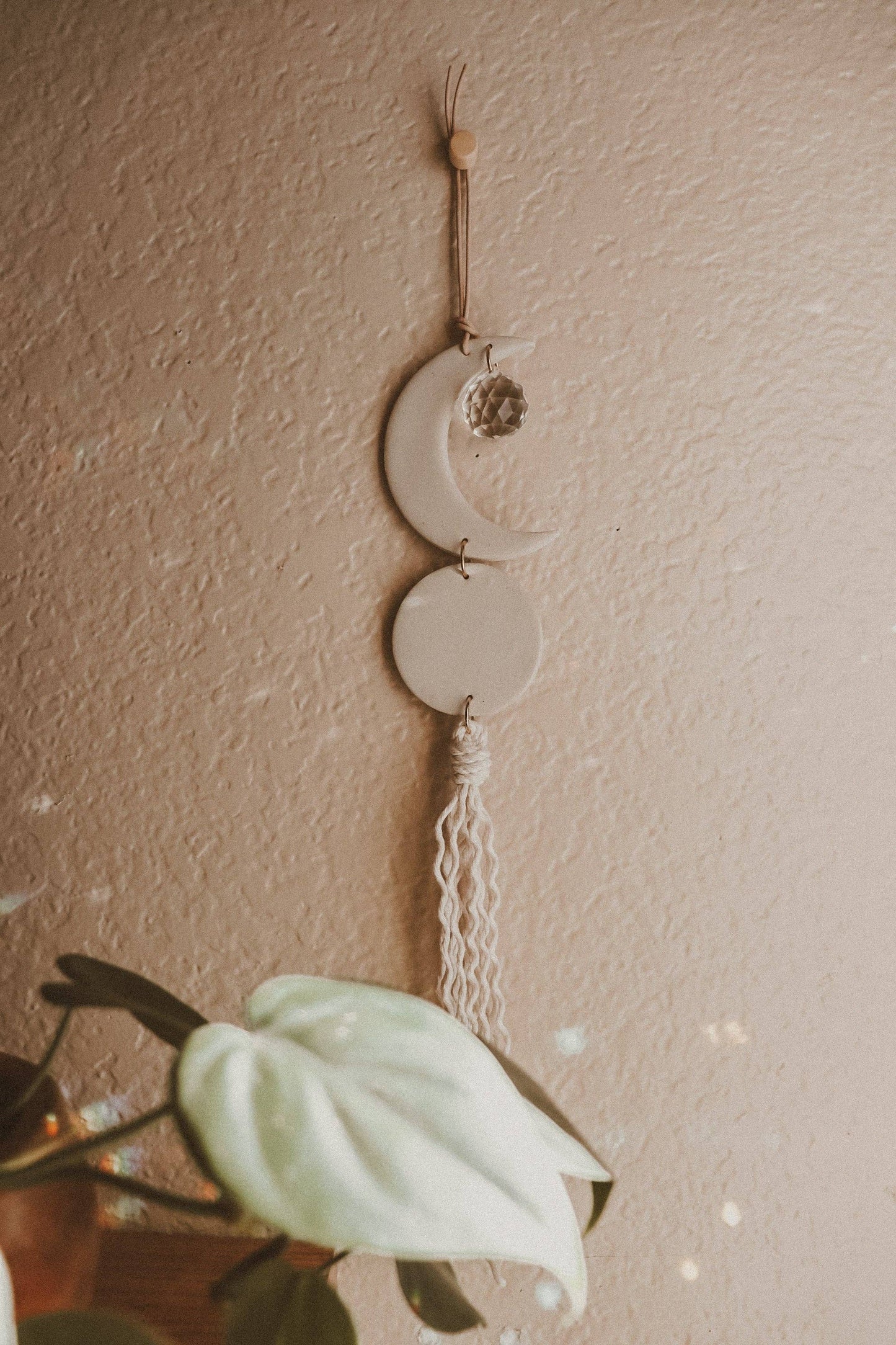 Crescent Moon Clay Sun Catcher in Terracotta and Stone: Terracotta
