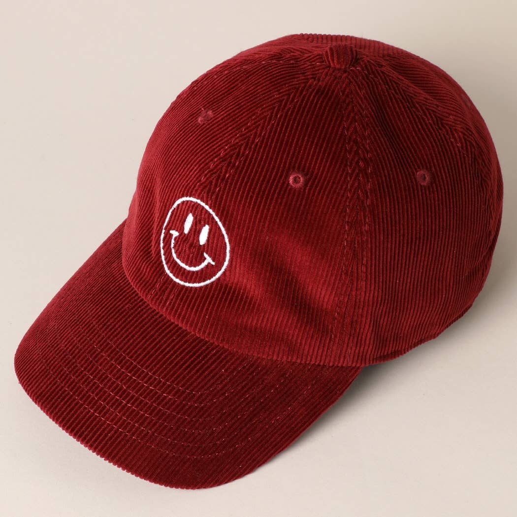 Happy Face Embroidered Corduroy Baseball Cap: LIGHT PINK / ONE SIZE