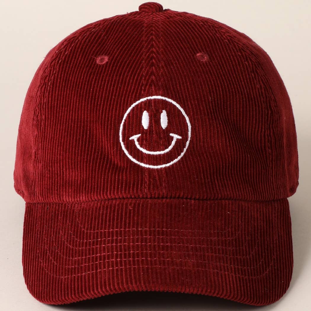 Happy Face Embroidered Corduroy Baseball Cap: LIGHT PINK / ONE SIZE