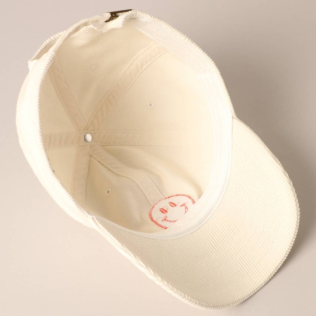 Happy Face Embroidered Corduroy Baseball Cap: LIGHT PINK / ONE SIZE