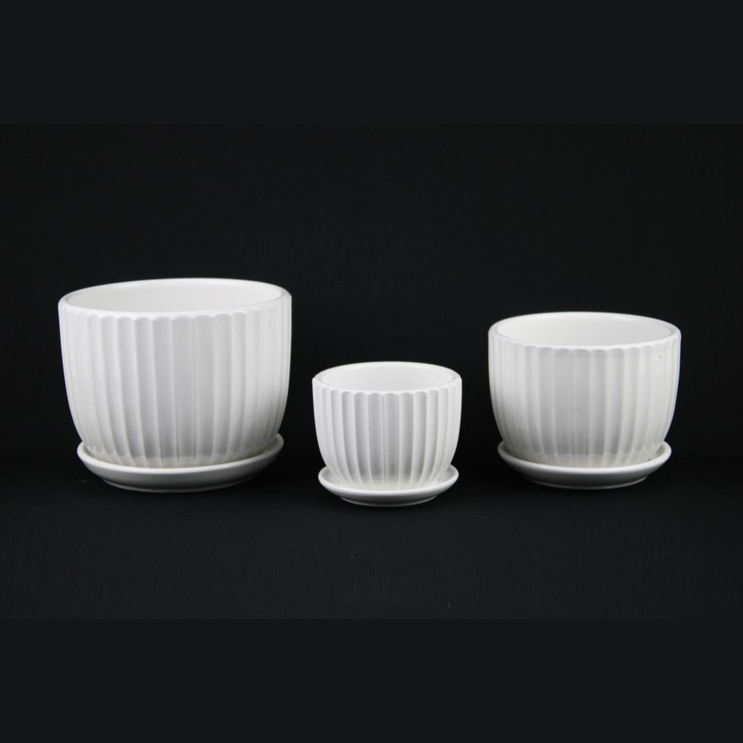 4.2 inch White Ceramic Planter Pot Set with Vertical Fluted Design & Matching Saucers