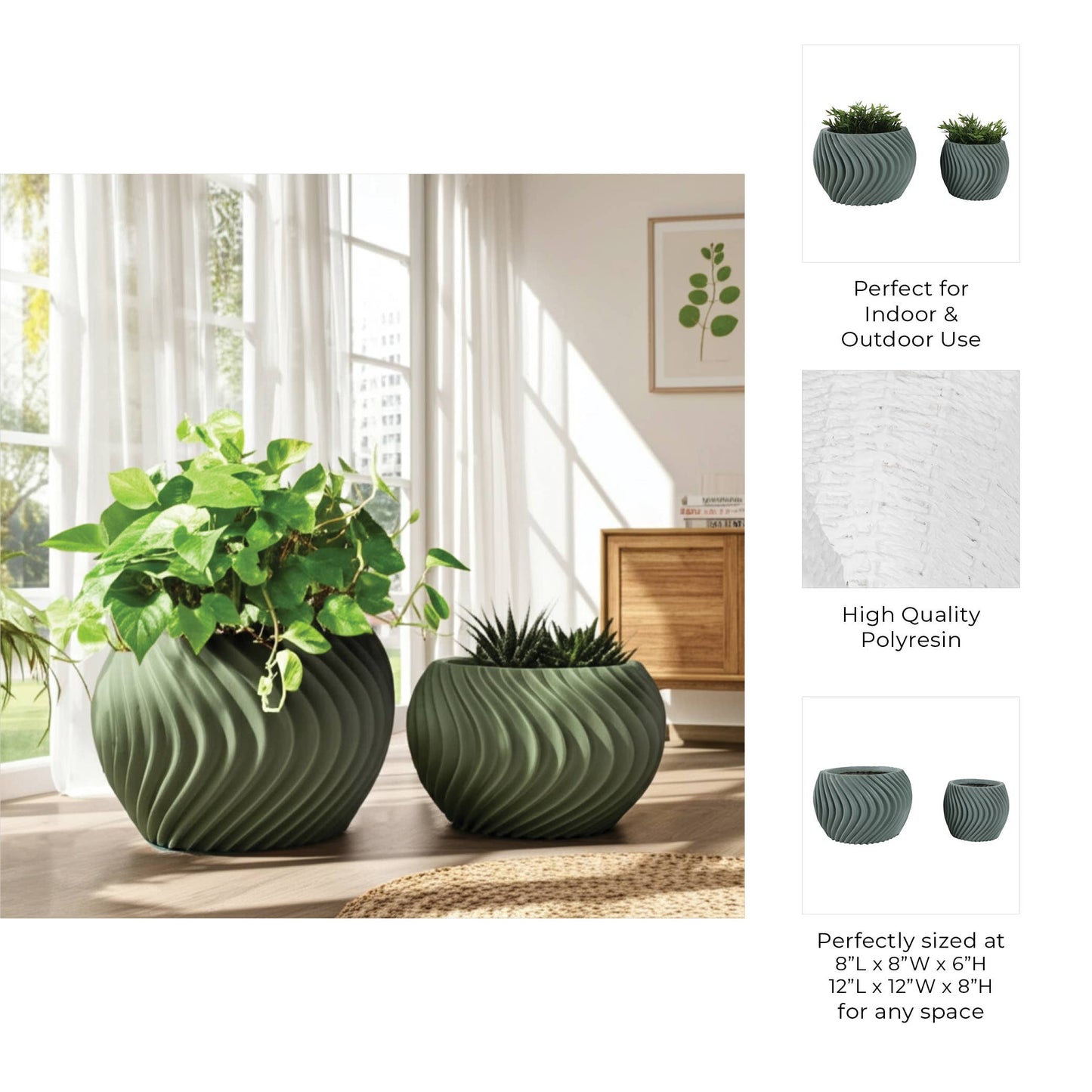 Resin Curvy Lines Rounded Planter Set of 2 - Green, 8/12 in.