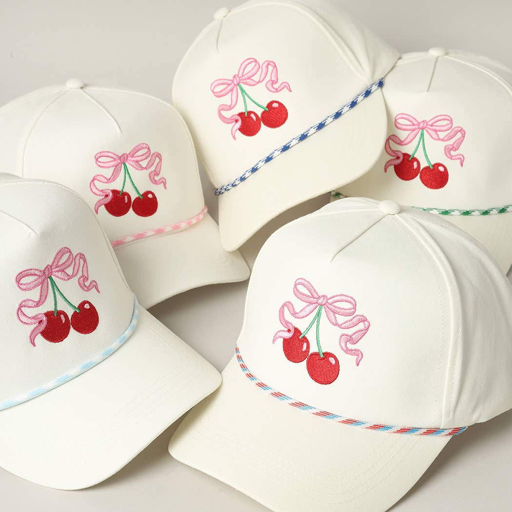 Cherry Ribbon Image Embroidery 5 Panel Trucker Hat: Green / ONE SIZE