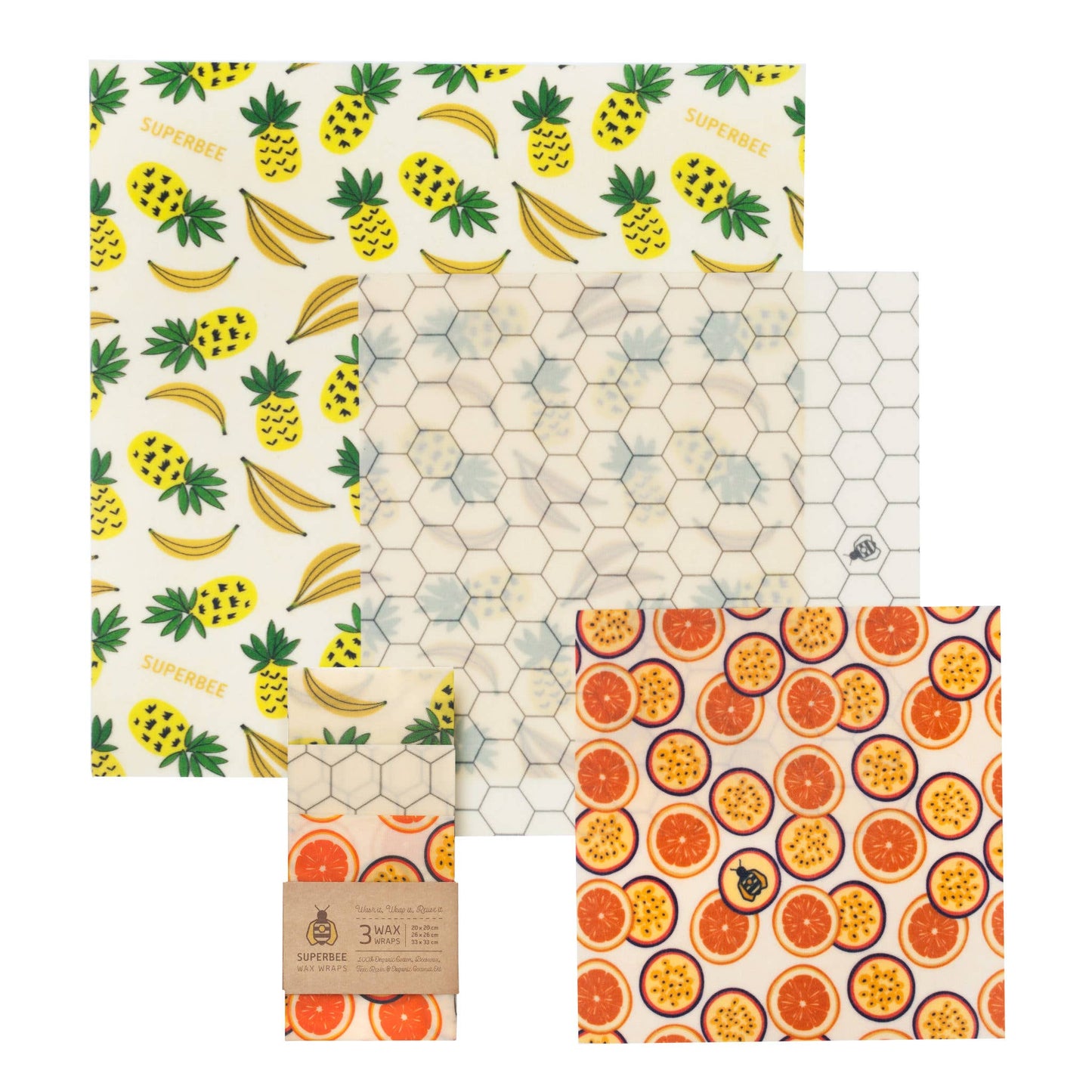 SuperBee - Essentials Set of 3 Beeswax Wraps - Mixed Design