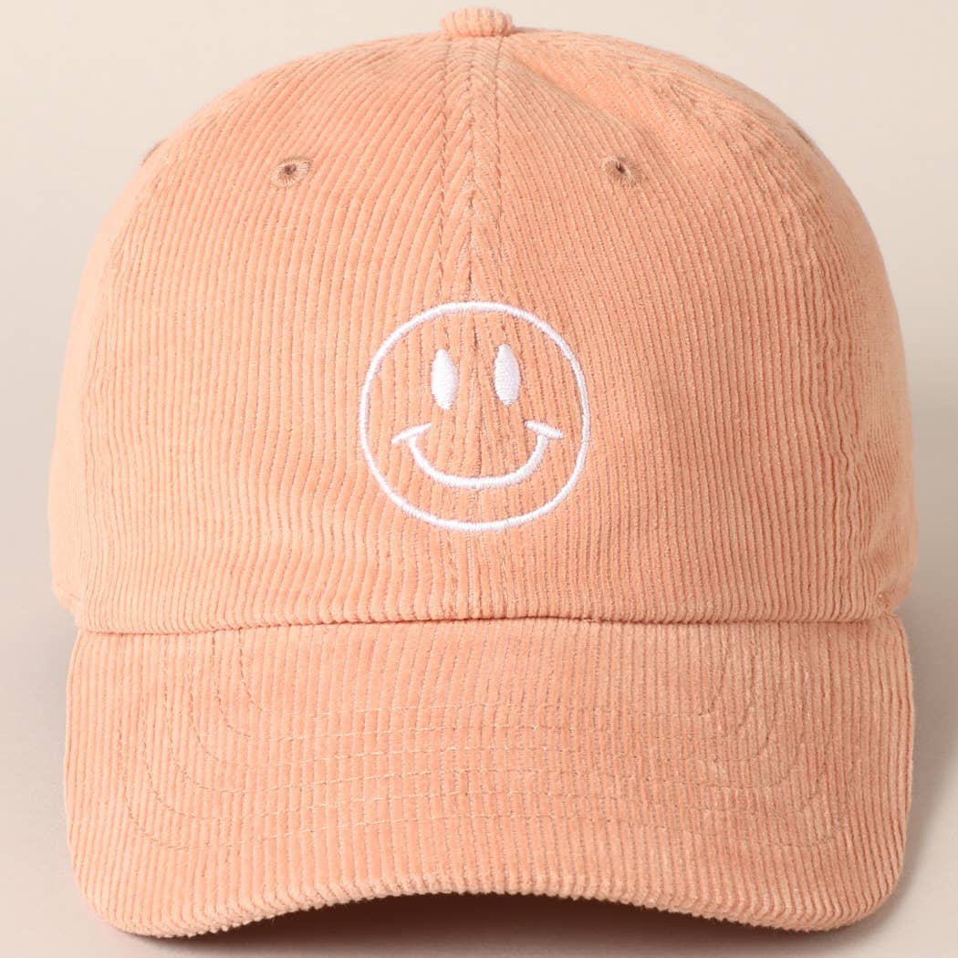 Happy Face Embroidered Corduroy Baseball Cap: LIGHT PINK / ONE SIZE