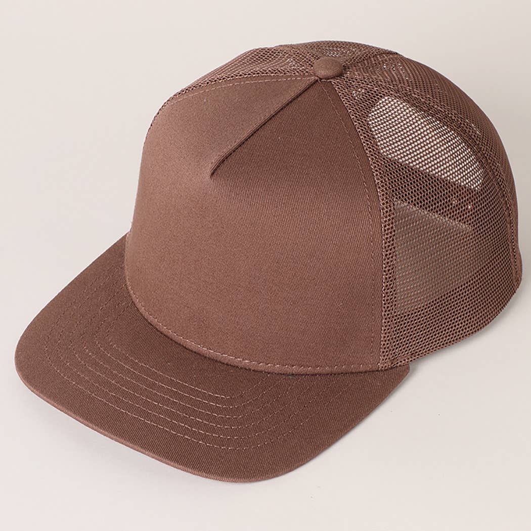 Solid Color Cotton Trucker Hat with Mesh Back: DARK BROWN / ONE SIZE