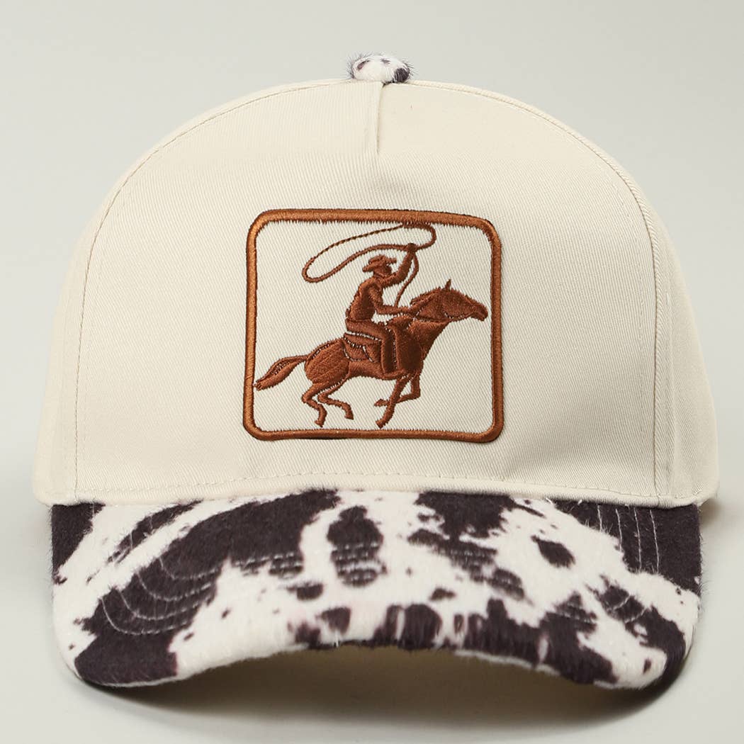 Cowboy Embroidered Patch Animal Print Two-Tone Trucker Hat: BROWN / ONE SIZE